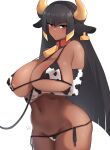  1girl animal_ears animal_print areola_slip areolae arms_under_breasts bangs bare_shoulders bell between_breasts bikini black_hair blonde_hair blunt_bangs blunt_ends blush breasts cat collar cow_ears cow_horns cow_print cowbell cowboy_shot dark-skinned_female dark_skin earrings elbow_gloves eyebrows_visible_through_hair eyeshadow fake_animal_ears fake_horns gloves green_eyes groin highres hime_cut horns huge_breasts jewelry kuronyan last_origin leash long_hair looking_at_viewer lowleg lowleg_bikini makeup micro_bikini multicolored_hair navel open_mouth own_hands_together parted_lips red_collar red_eyeshadow sekhmet_of_death side-tie_bikini sidelocks simple_background skindentation solo standing strap_gap swimsuit two-tone_hair very_long_hair white_background 