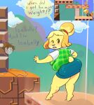  animal_crossing anthro belly big_butt blonde_hair blush blush_lines brown_hair butt canid canine canis clothed clothing dialogue disney domestic_dog english_text female fur hair hi_res human isabelle_(animal_crossing) jizuke_bluetide kingdom_hearts looking_back mammal mario_bros nintendo screencap shih_tsu solo speech_bubble square_enix super_smash_bros. super_smash_bros._ultimate text thick_thighs toy_dog video_games yellow_body yellow_fur 