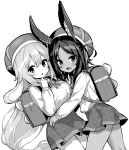  2girls animal_ears azur_lane azur_lane:_slow_ahead backpack bag bangs beret breasts dark-skinned_female dark_skin eyebrows_visible_through_hair greyscale hat highres hori_(hori_no_su) i-25_(azur_lane) i-25_(coral_reef_bunny)_(azur_lane) i-26_(azur_lane) i-26_(deep-sea_rabbit)_(azur_lane) monochrome multiple_girls neck_ribbon official_alternate_costume official_art parted_bangs parted_lips plaid plaid_skirt rabbit_ears randoseru ribbon skirt smile 