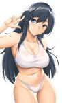  1girl arcie_albano bangs bare_shoulders bikini black_hair blue_eyes blush breasts cleavage collarbone commentary_request cowboy_shot eyebrows_visible_through_hair groin hand_up highres kodama_karen large_breasts long_hair looking_at_viewer navel original simple_background smile solo standing stomach swimsuit thighs very_long_hair w white_background white_bikini 