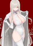  1girl breasts classy-white-haired_girl_(hayabusa) cleavage closed_mouth commentary_request covered_navel dress earrings eyebrows_visible_through_hair gloves hair_over_one_eye hayabusa highres jewelry large_breasts long_hair looking_at_viewer mole mole_on_breast original red_background smile solo standing thighhighs thighs very_long_hair white_dress white_gloves white_hair white_legwear 