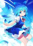  1girl absurdres bangs blue_bow blue_dress blue_eyes blue_hair blue_sky bow cirno closed_mouth cloud collared_shirt dress eyebrows_visible_through_hair hair_bow highres ice ice_wings looking_at_viewer neck_ribbon outdoors pinafore_dress puffy_short_sleeves puffy_sleeves red_ribbon ribbon shirt short_hair short_sleeves sky smile solo touhou water white_shirt wings yuujin_(yuzinn333) 