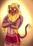  anthro athletic athletic_anthro athletic_male boxers_(clothing) boxers_only bulge cat_tail clothed clothing crossed_arms dark_red_fur ear_piercing elbow_fur elbow_tufts fangs felid feline feline_tail fur gold_(metal) gold_jewelry gold_tooth hair hi_res jewelry lion male mammal man_bun mane mane_hair maroon_fur muscle_tone muscular muscular_arms nuskalion orange_body orange_fur orange_hair panthera pantherine piercing red_body red_clothing red_fur red_hair red_nose red_underwear solo tail tail_tuft toned_body tongue tongue_out tongue_piercing tuft underwear underwear_only yellow_eyes 