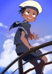  1boy be_(ronironibebe) black_hair blue_sailor_collar blue_sky dark-skinned_male dark_skin hat looking_back neckerchief outdoors sailor_collar sailor_hat short_hair shorts sky smile solo south_park token_black 