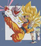  2boys battle belt black_nails blonde_hair blue_belt colored_sclera crack cracked_floor dougi dragon_ball dragon_ball_z electricity fangs film_grain fingernails halo highres janemba kicking long_hair male_focus motion_lines multiple_boys open_mouth reeya sharp_fingernails signature slit_pupils son_goku speed_lines super_saiyan super_saiyan_3 teeth teleport toenails tongue very_long_hair wristband yellow_eyes yellow_sclera 