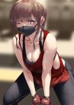  1girl bangs bare_shoulders blush breasts brown_hair cleavage collarbone jonsun large_breasts long_hair looking_at_viewer mask mouth_mask original purple_eyes solo thighs 