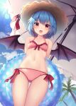  1girl :d alternate_costume bangs bare_shoulders bat_wings blush bow breasts collarbone commentary_request day eyelashes hat hat_ribbon highres light_blue_hair navel open_mouth outdoors pink_swimsuit red_bow red_eyes red_ribbon remilia_scarlet ribbon ruhika short_hair slit_pupils small_breasts smile solo standing stomach straw_hat swimsuit tongue touhou wings 