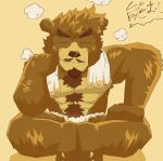  anthro asian_clothing clothed clothing east_asian_clothing eyebrows eyes_closed facial_hair fundoshi haz_(character) hi_res japanese_clothing kumaojisan male mammal mustache simple_background sitting smile solo steam topless topless_anthro topless_male towel underwear ursid 