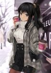  1girl bangs black_hair black_overalls blue_eyes blurry blurry_background blush coffee_cup cup disposable_cup green_jacket hand_up holding holding_cup jacket long_hair long_sleeves looking_at_viewer mocha_(mokaapolka) original outdoors outstretched_arm overalls parted_lips ponytail snow solo standing sweater white_sweater 