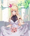  1girl absurdres blonde_hair blue_eyes breasts bride dress flower gloves hair_flower hair_ornament highres hornet_(warship_girls_r) lanyue large_breasts long_hair pink_flower ponytail sleeveless sleeveless_dress solo warship_girls_r wedding_dress white_dress white_gloves 