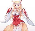  1girl absurdres animal_ear_fluff animal_ears armpits arms_up blonde_hair blue_eyes blush detached_sleeves fang flower fox_ears fox_girl fox_tail hakama hakama_skirt highres japanese_clothes long_hair miko ml04_(malang22) multiple_tails open_mouth original red_hakama red_skirt shirt simple_background skirt smile solo tail thighhighs thighs white_background white_legwear white_shirt wreath 