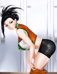  1girl bangs bare_arms bare_shoulders bent_over black_eyes black_hair black_shorts blurry blurry_background boku_no_hero_academia breasts clothes_pull commentary_request easonx from_side highres locker locker_room long_hair orange_shirt orange_skirt parted_lips ponytail shirt shorts skirt skirt_pull teeth u.a._cheerleader_uniform undressing white_shirt yaoyorozu_momo 