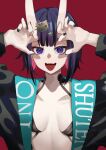  1girl absurdres bangs bob_cut breasts eyeliner fate/grand_order fate_(series) headpiece highres horns long_sleeves looking_at_viewer makeup oni oni_horns open_mouth purple_eyes purple_hair san_(harutuki_3) short_hair shuten_douji_(fate) skin-covered_horns small_breasts smile solo 