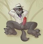  anthro balls blueballs bottomless canid canine canis clothed clothing erection eyewear facial_hair feet foot_focus genitals hat headgear headwear hi_res humanoid_genitalia humanoid_penis male mammal mr._wolf_(the_bad_guys) mustache penis solo sunglasses the_bad_guys wolf 