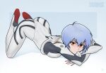  1girl artist_name ass ayanami_rei blue_background blue_hair bodysuit breast_press closed_mouth feet_up fenixman12 full_body gradient gradient_background head_rest highres looking_at_viewer neon_genesis_evangelion orange_eyes pilot_suit plugsuit short_hair smile solo top-down_bottom-up white_background white_bodysuit 