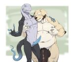  absurd_res canid canine duo erection fish_(artist) flaccid genitals hi_res lizard male male/male mammal nipple_piercing nipple_ring nipples penis penis_size_difference piercing reptile scalie simple_background 
