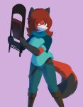  absurd_res angry anthro artesderatzyu belt black_body black_fur boots canid canine canis chair clothing dipstick_tail female folding_chair footwear fox fur furniture gloves_(marking) hair hi_res holding_object jacket mammal markings multicolored_body multicolored_fur purple_eyes red_body red_fur red_hair scar shirt simple_background solo standing tail_markings tan_body tan_fur topwear upset 