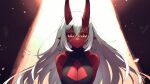 1girl akumi_(yoclesh) bare_shoulders breasts cleavage closed_mouth colored_skin commentary earrings english_commentary hair_between_eyes highres hoop_earrings horns indie_virtual_youtuber jewelry large_breasts light_smile long_hair looking_at_viewer pointy_ears red_horns red_skin scar scar_on_breasts scar_on_cheek scar_on_face solo upper_body virtual_youtuber white_hair yoclesh 