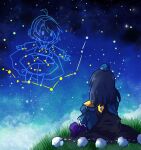  2girls armor bangs black_hair blue_headwear constellation hat iizunamaru_megumu looking_at_viewer medium_hair multiple_girls night night_sky outdoors pom_pom_(clothes) pote_(ptkan) shoulder_armor sitting sky star_(sky) starry_sky tenkyuu_chimata tokin_hat touhou 