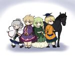  4girls alternate_costume alternate_hair_length alternate_hairstyle blonde_hair brown_eyes dress green_eyes green_hair grey_eyes hat horse japanese_clothes kariginu kurokoma_saki_(pegasus) light_brown_hair matara_okina mononobe_no_futo multiple_girls no_hat no_headwear one_eye_closed razania ritual_baton sheath sheathed silver_hair soga_no_tojiko sword touhou toyosatomimi_no_miko weapon yellow_eyes 