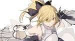  1girl ahoge armor artoria_pendragon_(fate) bare_shoulders black_bow black_gloves blonde_hair bow breastplate bsq detached_sleeves fate/grand_order fate_(series) gauntlets gloves green_eyes hair_between_eyes hair_bow looking_at_viewer ponytail saber_lily sketch smile solo upper_body white_background 