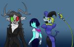  ambiguous_gender anthro arcatech blue_body character_fusion clothing deltarune female grey_body group human jevil kris_(deltarune) mammal noelle_holiday spamton_g._spamton suit tasque_manager undertale_(series) video_games whip yellow_eyes 