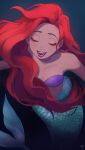  1girl ariel_(disney) arms_at_sides bare_arms bare_shoulders bikini bikini_top breasts closed_eyes collarbone colored_eyelashes dark_background darkness eyelashes facing_viewer floating_hair from_above lips long_hair mermaid midriff monster_girl music open_mouth pano_(mohayayamai) red_hair red_lips scales shade shadow shell shell_bikini singing small_breasts solo strapless swimsuit teeth the_little_mermaid underwater very_long_hair wavy_hair 