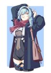  1girl adjusting_hair alternate_costume automatic_giraffe bangs black_hairband blue_hair breasts commentary covered_navel cowboy_shot eula_(genshin_impact) food hair_ornament hairband long_sleeves medium_breasts medium_hair pocky red_scarf scarf solo thighhighs thighs 