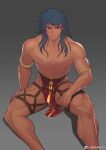  1boy abs bangs bara bare_shoulders bulge commentary_request dark_blue_hair dark_skin detached_sleeves earrings fate/grand_order fate_(series) gradient gradient_background highres hunterkay jewelry large_pectorals leather long_hair looking_at_viewer male_focus muscular muscular_male nipple_piercing pants pectorals pelvic_curtain piercing red_eyes revealing_clothes roman_clothes romulus_quirinus_(fate) solo tight tight_pants topless_male 