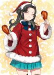  1girl absurdres ahoge aqua_dress black_hair black_legwear blush closed_eyes closed_mouth cowboy_shot double_bun dress eating food green_hair hat highres holding holding_food kanmiya_shinobu kantai_collection long_hair makinami_(kancolle) official_alternate_costume pom_pom_(clothes) santa_costume santa_hat smile solo sparkle thighhighs turkey_(food) 