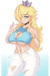  1girl bare_shoulders blonde_hair breasts casual cleavage cleavage_cutout clothing_cutout crop_top darkmoney14 earrings hair_over_one_eye highres jewelry large_breasts long_hair looking_at_viewer mario_(series) necklace pants rosalina smile solo star_(symbol) star_earrings star_necklace super_mario_galaxy torn_clothes torn_pants underboob 