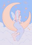  1girl absurdres barefoot blue_sky cloud dress feathered_wings from_behind highres long_hair meyoco original pink_hair purple_dress sky solo star_(symbol) white_wings wings 