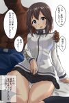  1boy 1girl bed beer_can black_legwear black_skirt breasts brown_hair can commentary_request grey_eyes hayasui_(kancolle) highres indoors jacket kantai_collection looking_at_viewer medium_breasts netorare pleated_skirt shiba_(zudha) shirt short_hair sitting skirt solo_focus wariza white_shirt 