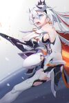  1girl absurdres bangs bare_shoulders blue_eyes boots breasts cape earrings gauntlets hair_between_eyes hair_ornament highres holding holding_sword holding_weapon honkai_(series) honkai_impact_3rd jewelry kiana_kaslana kiana_kaslana_(herrscher_of_flamescion) long_hair open_mouth ponytail red_cape sideboob solo ssssolagu sword teeth thigh_boots thighhighs v-shaped_eyebrows weapon white_hair white_legwear 