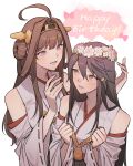  2girls ahoge black_hair brown_hair commentary_request detached_sleeves double_bun hair_ornament hairclip happy_birthday haruna_(kancolle) head_wreath headgear highres ikarin japanese_clothes kantai_collection kongou_(kancolle) long_hair multiple_girls purple_eyes ribbon-trimmed_sleeves ribbon_trim simple_background white_background 