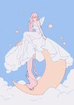  1girl absurdly_long_hair absurdres bangs bare_legs barefoot blue_sky closed_eyes cloud crescent_moon dress feathered_wings hand_up highres long_hair meyoco moon original pink_hair sky solo star_(symbol) very_long_hair white_dress white_wings wide_shot wings 