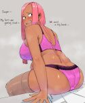  1girl arm_support ass blush bra breasts brown_legwear dark-skinned_female dark_skin english_text engrish_text eyebrows_visible_through_hair from_behind highres large_breasts long_hair looking_at_viewer ohasi open_mouth original panties pink_(ohasi) pink_bra pink_hair pink_panties ranguage sitting smile solo steam steaming_body teeth thighhighs underwear upper_teeth 