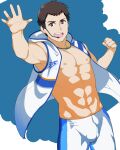  1boy abs bara black_hair clenched_hand hand_up headset hood hood_down hooded_jacket idol idolmaster idolmaster_side-m jacket large_pectorals looking_at_viewer male_focus muscular muscular_male navel nipples open_clothes open_jacket open_mouth pants pectorals purple_eyes shingen_seiji short_hair sleeveless sleeveless_jacket smile solo uruonurun white_jacket white_pants 