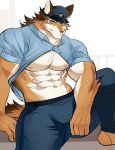  1boy absurdres animal_ears ao_(chung0u0) bara barrel_(live_a_hero) beige_fur brown_fur bulge dog_boy dog_ears dog_tail foot_out_of_frame furry furry_male hat highres live_a_hero looking_at_viewer male_focus muscular muscular_male open_clothes open_shirt orange_fur pectorals police police_hat police_uniform reward_available sitting solo spread_legs tail underpec uniform 