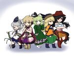  5girls black_hair blonde_hair brown_eyes cowboy_hat dress earmuffs ghost_tail green_eyes green_hair grey_eyes hat japanese_clothes kariginu kurokoma_saki light_brown_hair matara_okina mononobe_no_futo multiple_girls one_eye_closed pointy_hair pom_pom_(clothes) razania red_eyes ritual_baton sheath sheathed silver_hair skirt soga_no_tojiko sword tate_eboshi touhou toyosatomimi_no_miko weapon yellow_eyes 