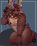  absurd_res anthro barazoku bell brown_body capreoline cervid clothing collar corn cute_expression food hi_res male mammal muscular nipples pecs plant reindeer snaftfc solo underwear 