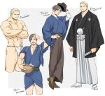  2boys abs bara basket blonde_hair blue_eyes blue_kimono brown_hair closed_mouth crossed_arms food fundoshi haori hat hat_removed headwear_removed holding holding_basket holding_clothes holding_hat jack_krauser japanese_clothes kimono large_pectorals leon_s._kennedy looking_at_viewer male_focus multiple_boys muscular muscular_male navel open_mouth pectorals psmhbpiuczn resident_evil resident_evil_4 resident_evil_darkside_chronicles short_hair smile thighs yukata 