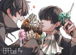  2boys absurdres bangs black_coat black_eyes black_hair closed_eyes coat commentary_request fatalbug896 food fruit hand_up high_collar highres holding holding_food ice_cream ice_cream_cone jabot long_sleeves looking_at_food male_focus multiple_boys one_eye_closed open_mouth orange_(fruit) orange_slice original parted_lips profile signature simple_background sleeves_past_fingers sleeves_past_wrists sparkle turtleneck whipped_cream white_background white_jabot 