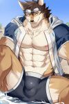  1boy abs animal_ears ao_(chung0u0) bara bare_pectorals barrel_(live_a_hero) beige_fur brown_fur bulge dog_boy dog_ears dog_tail feet_out_of_frame furry furry_male goggles goggles_on_head grey_male_swimwear highres large_pectorals live_a_hero looking_at_viewer male_focus muscular muscular_male navel nipples official_alternate_costume open_clothes open_shirt orange_fur pectorals reward_available seductive_smile see-through short_hair sitting smile solo stomach tail thick_thighs thighs 