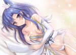  1girl bangs bare_shoulders bed_sheet blue_hair blush breasts bridal_gauntlets eyebrows_visible_through_hair eyes_visible_through_hair frown kazanari_tsubasa long_hair lying medium_breasts on_side panties parted_bangs purple_eyes r-binon ribbon see-through senki_zesshou_symphogear side_ponytail small_breasts solo underwear white_panties 