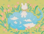  blue_sky bunny cloud flower grass highres meyoco no_humans original outdoors paper_boat pink_flower plant reflection ripples sky water wide_shot 