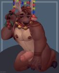  absurd_res anthro balls barazoku bell brown_body capreoline cervid clothing collar corn cute_expression food genitals hi_res male mammal muscular nipples pecs penis plant reindeer snaftfc solo underwear 