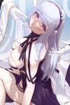  1girl azur_lane bangs bare_shoulders between_breasts blunt_bangs blush breasts cleavage dido_(anxious_bisque_doll)_(azur_lane) dido_(azur_lane) dress eyebrows_visible_through_hair from_side gloves hairband highres holding holding_hair large_breasts long_hair long_sleeves looking_at_viewer looking_to_the_side megumi_kei official_alternate_costume open_mouth purple_dress purple_eyes purple_hairband shawl silver_hair sitting sleeveless sleeveless_dress solo_focus wariza white_gloves 