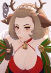  1girl alternate_costume animal_costume antlers blush breasts brown_eyes brown_hair choker christmas cleavage evomanaphy eyeshadow fake_antlers fake_tail fire_emblem fire_emblem_heroes hair_slicked_back highres large_breasts lips lipstick makeup manuela_casagranda mole mole_under_eye official_alternate_costume orange_eyeshadow orange_lips puckered_lips reindeer_antlers reindeer_costume short_hair solo tail upper_body 