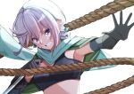  1girl aqua_scarf bangs black_bra black_gloves bra cape chris_(konosuba) clenched_teeth commentary_request crystal_earrings earrings eyebrows_behind_hair gloves green_cape highres holding holding_knife jewelry knife kono_subarashii_sekai_ni_shukufuku_wo! outstretched_arm outstretched_hand purple_eyes reaching_out rope sarasara_shoyu scar scar_on_cheek scar_on_face scarf short_hair silver_hair simple_background solo teeth underwear upper_body white_background 